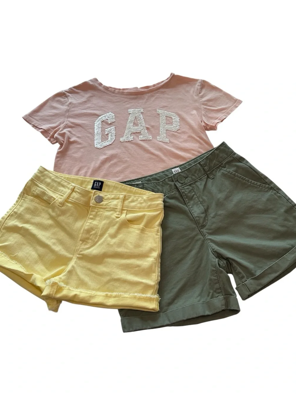 GAPKids Peach Sequins T-Shirt Yellow Jean Shorts Green Chino Girls Size 12